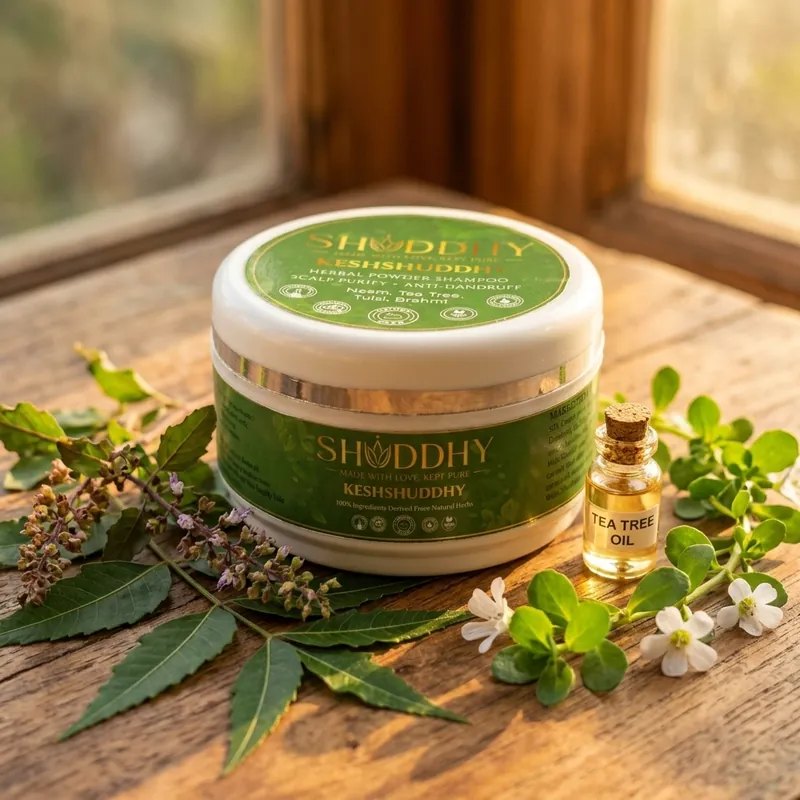 KESHSHUDDHY jar with a tea tree oil bottle, neem and tulsi on a wooden table by a window