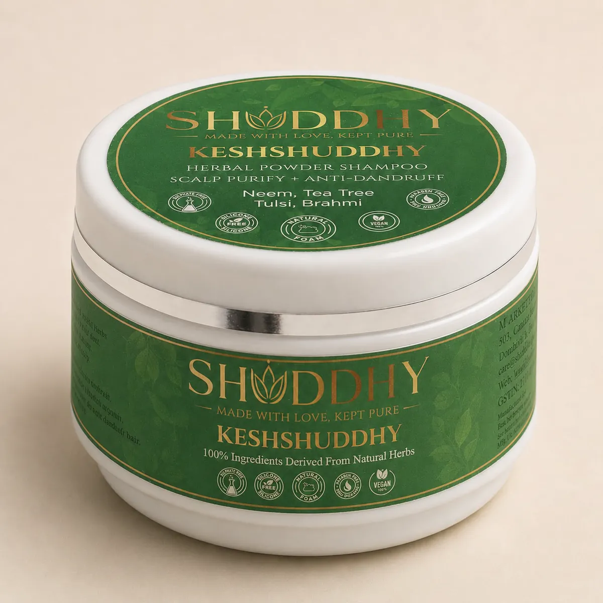 KESHSHUDDHY herbal hair wash jar, front view of the pack on a plain cream background