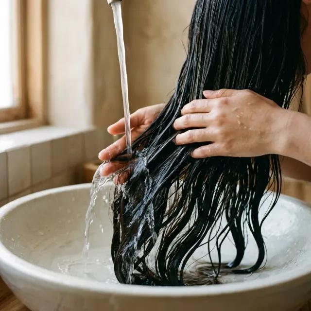 Hair rinsed thoroughly with water