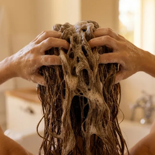 Lather on long hair while massaging the scalp