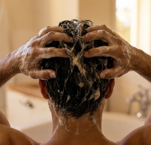 Lather on short dark hair, back of the head