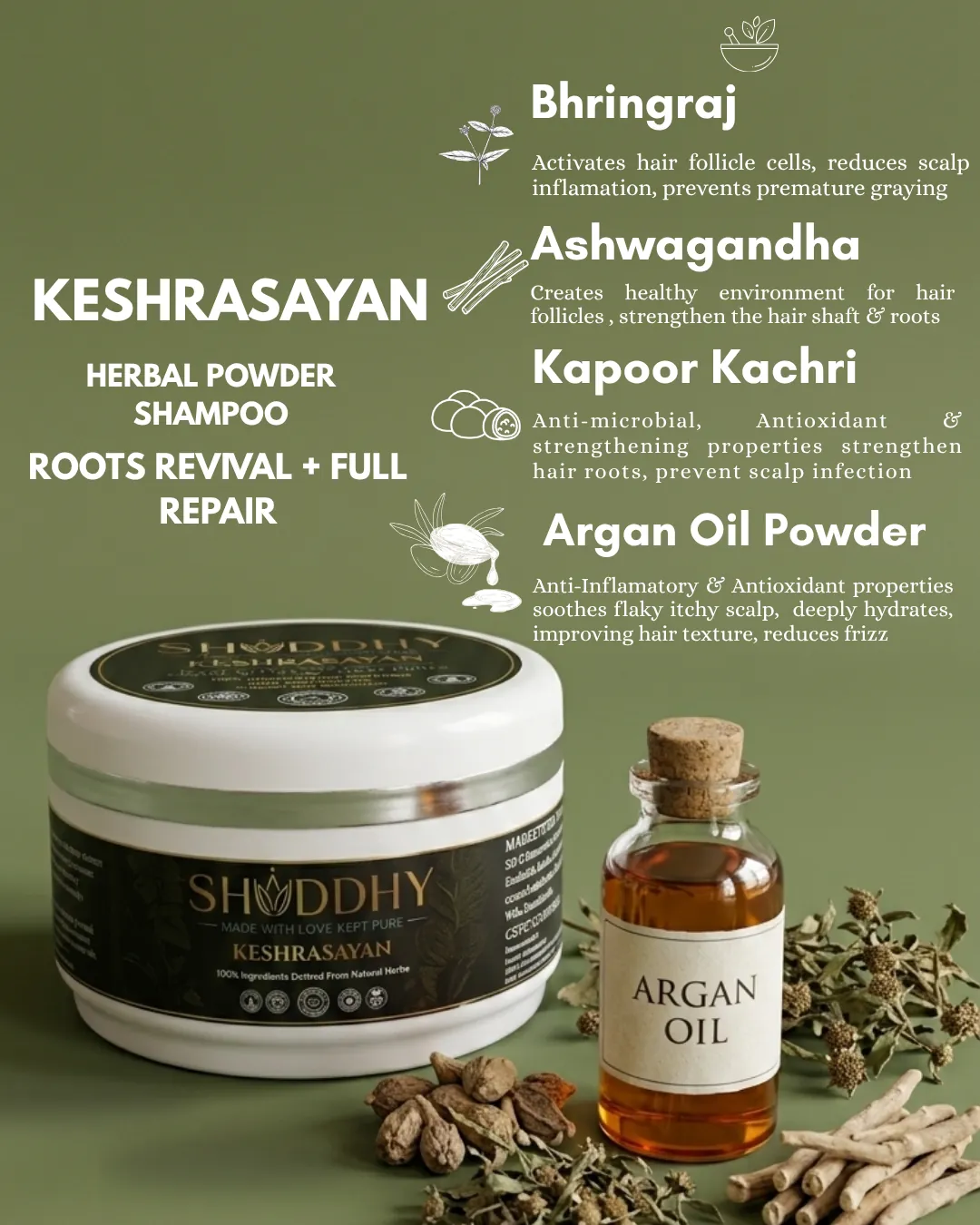 KESHRASAYAN roots revival and full repair: benefits of Bhringraj, Ashwagandha, Kapoor Kachri and Argan Oil Powder