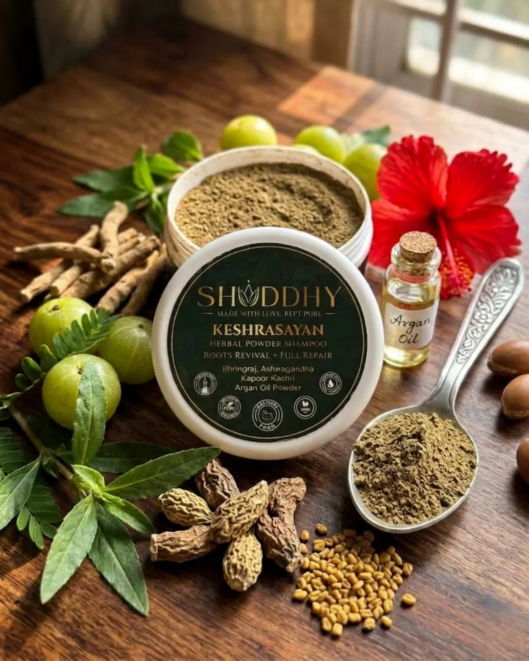 Open KESHRASAYAN jar with light brown herbal blend, hibiscus, amla and fenugreek seeds