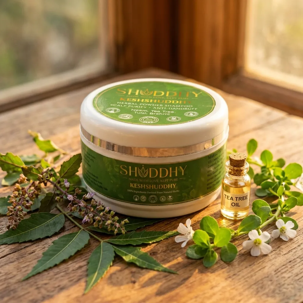 KESHSHUDDHY jar with a tea tree oil bottle, neem and tulsi on a wooden table by a window