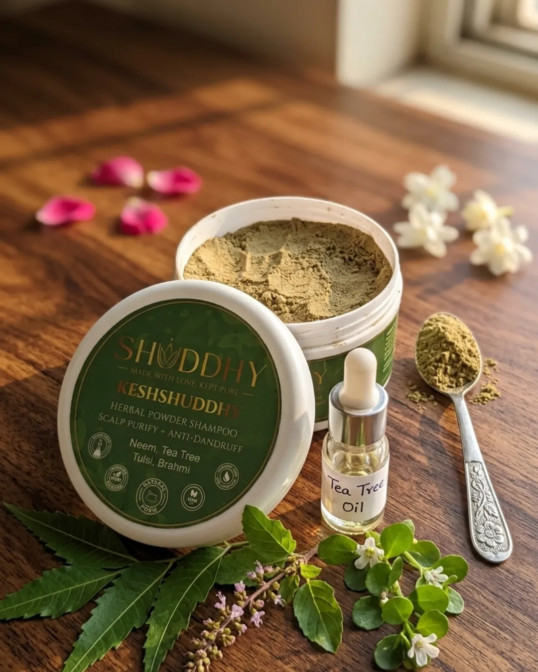 Open KESHSHUDDHY jar with herbal blend, a tea tree oil dropper and a spoon