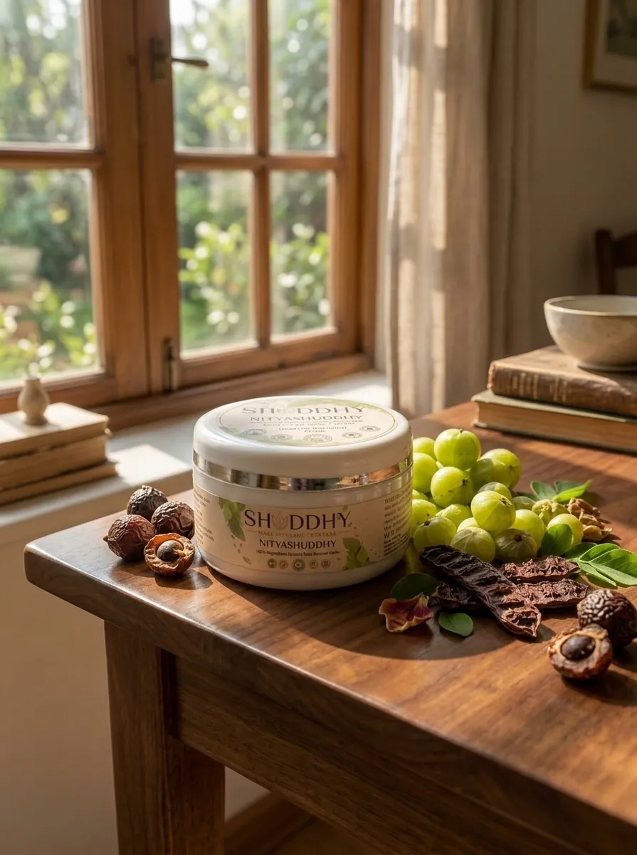 NITYASHUDDHY herbal hair wash jar on a wooden table by a sunny window with reetha, amla and herbs