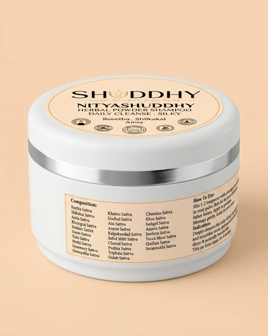 Back label of the NITYASHUDDHY jar showing the composition and how to use