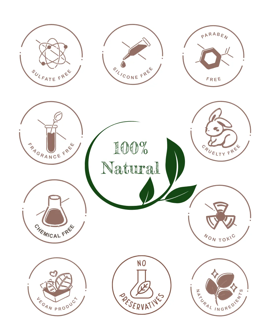 Free-from badges: sulphate free, silicone free, paraben free, fragrance free, cruelty free, chemical free, non toxic, vegan, no preservatives, 100% natural