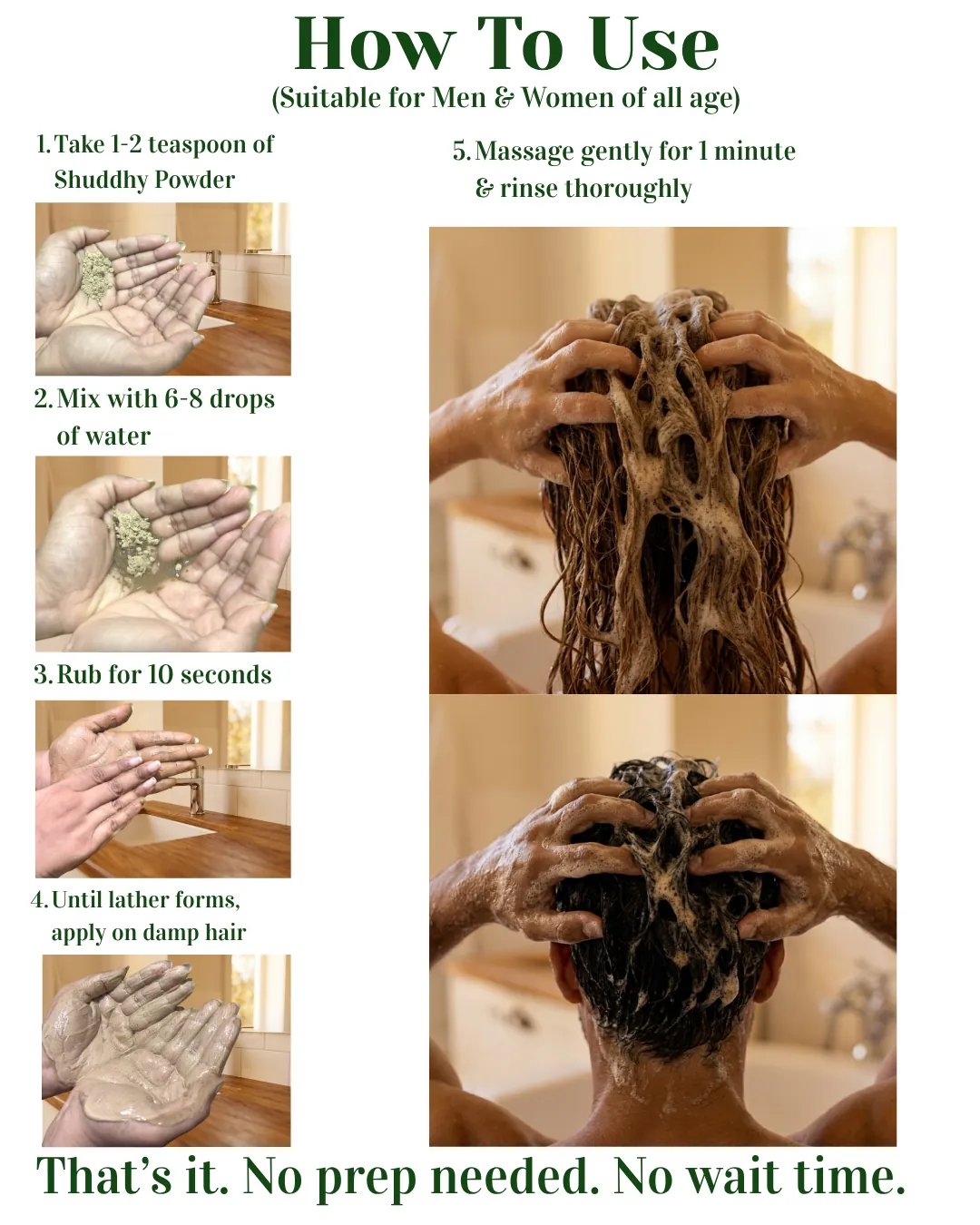 How to use Shuddhy blend in 5 steps: take 1 to 2 teaspoons, mix with 6 to 8 drops of water, rub for 10 seconds until it lathers, apply on damp hair, massage for 1 minute and rinse