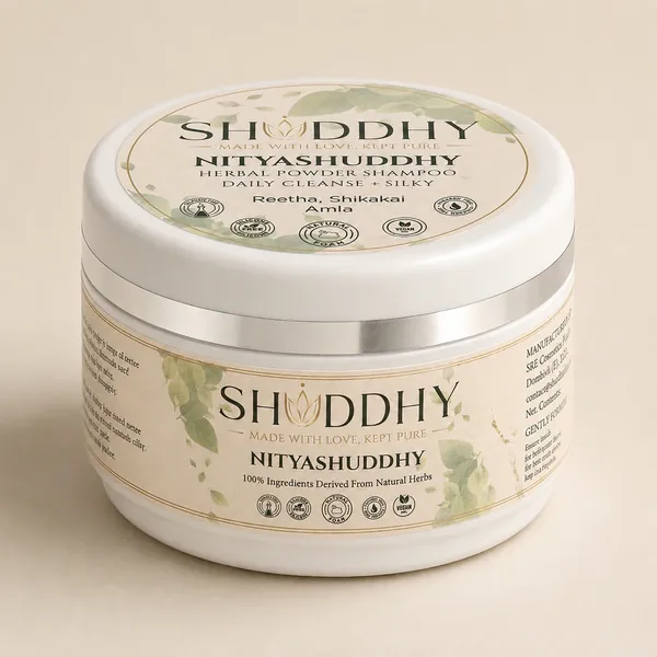 NITYASHUDDHY herbal hair wash jar, front view of the pack on a plain cream background